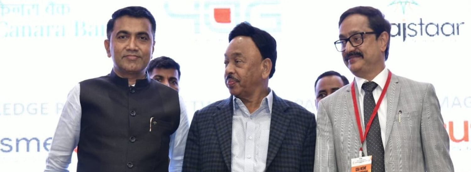 Mr. Nitin Kunkolienker, President Emeritus, MAIT at the Maha Adhiveshan conference by Laghu Udyog Bharati in Goa, along with the Hon’ble Union Minister of MSME, and former Maharashtra CM Shri Narayan Tatu Rane, and the Hon'ble CM of Goa Dr. Pramod Sawant.